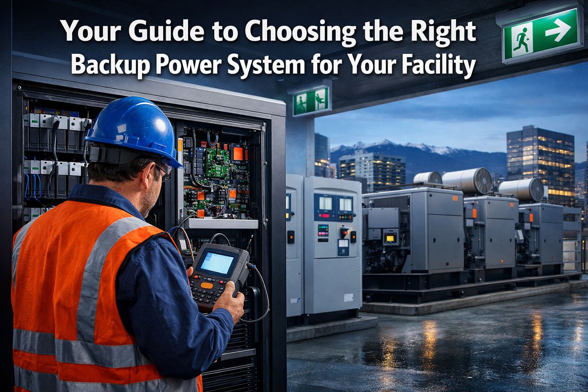 'Your Guide to Choosing the Right Backup Power System for Your Facility' in extra large 72pt white sans-serif font with dark shadow effect, positioned in upper third with perfect alignment. Background shows modern Vancouver commercial facility with industrial backup power generators, electrical panels, and emergency lighting systems in sharp focus. Foreground features electrical contractor inspecting commercial-grade UPS system with diagnostic equipment. Color scheme: industrial blue, safety orange, metallic silver accents. High contrast lighting emphasizing reliability and professional service. Magazine cover quality, editorial style with depth of field showing both equipment detail and facility context. Clean, authoritative composition that conveys emergency preparedness and commercial power infrastructure expertise.