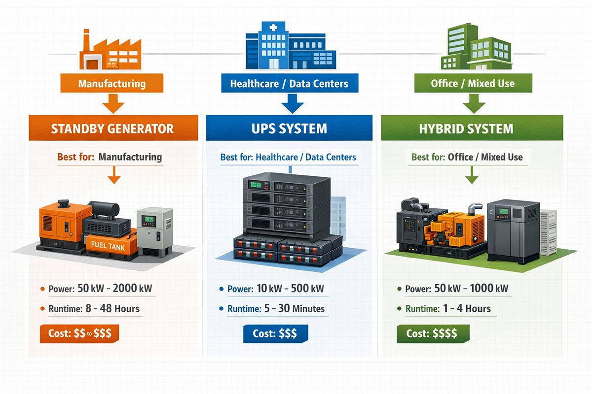 comparison chart of three main backup power system types for Vancouver commercial facilities. Left section displays standby generator with fuel tank and automatic transfer switch labeled with specifications. Center section shows uninterruptible power supply (UPS) rack-mounted system with battery banks and runtime indicators. Right section features combined diesel generator and UPS hybrid system. Each system has clear text overlays indicating 'Best for: Manufacturing/Healthcare/Data Centers', power capacity ratings in kW, typical runtime hours, and cost range badges. Professional infographic style with isometric equipment illustrations, color-coded sections (generator in industrial orange, UPS in tech blue, hybrid in green), and decision tree arrows connecting facility types to recommended systems. Clean white background with subtle grid pattern.