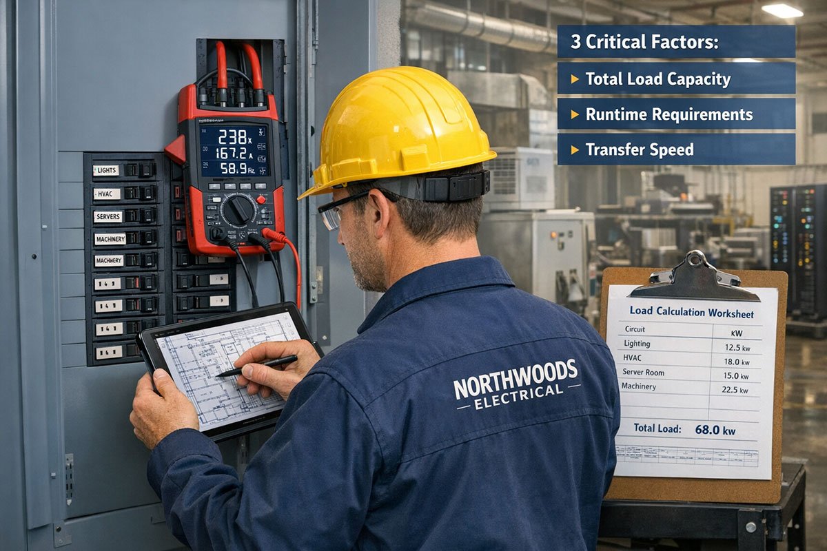professional electrical contractor from Northwoods Electrical performing load calculation assessment in Vancouver commercial building. Scene shows technician using digital power analyzer clipped to main electrical panel while reviewing facility blueprints on tablet. Visible elements include ammeter readings, circuit breaker panel with labeled circuits, and clipboard showing load calculation worksheet with kW values. Background shows industrial facility with visible equipment: HVAC units, computer server racks, and manufacturing machinery. Text overlay boxes highlight '3 Critical Factors: Total Load Capacity, Runtime Requirements, Transfer Speed'. Professional lighting emphasizes technical precision. Color palette: safety yellow hard hat, electrical panel gray, diagnostic tool red accents. Composition conveys thorough professional assessment and technical expertise in commercial power systems.