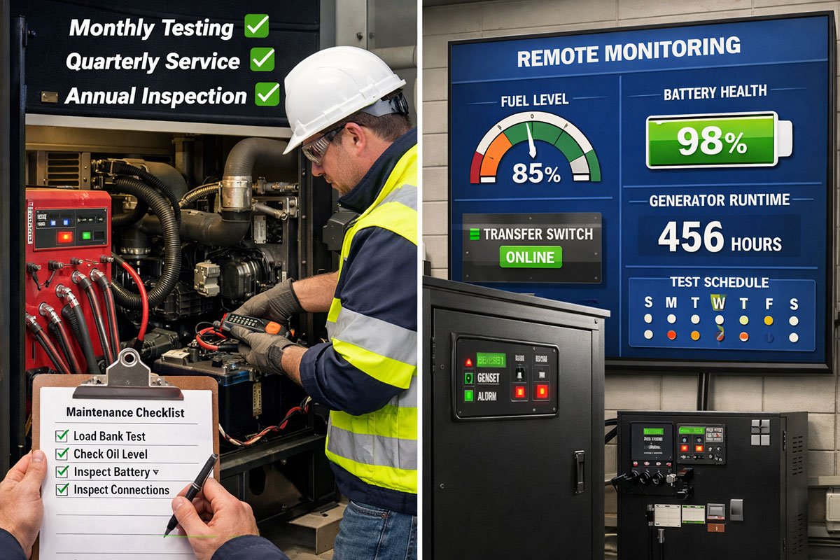 Vancouver commercial facility backup power maintenance and monitoring. Left half displays scheduled maintenance scene with certified technician performing generator load bank testing, checking oil levels, and inspecting battery terminals with maintenance checklist visible on clipboard. Right half shows modern remote monitoring dashboard on large screen displaying real-time metrics: fuel level gauge at 85%, battery health indicator at 98%, runtime counter, automatic transfer switch status (green), and scheduled test cycle calendar. Equipment includes commercial-grade diesel generator with weatherproof enclosure, control panel with LED status indicators, and fuel management system. Text overlays indicate 'Monthly Testing', 'Quarterly Service', 'Annual Inspection' with checkmark icons. Professional industrial setting with clean, well-organized electrical room. Color scheme: maintenance safety green, monitoring screen blue, alert indicators orange and red.