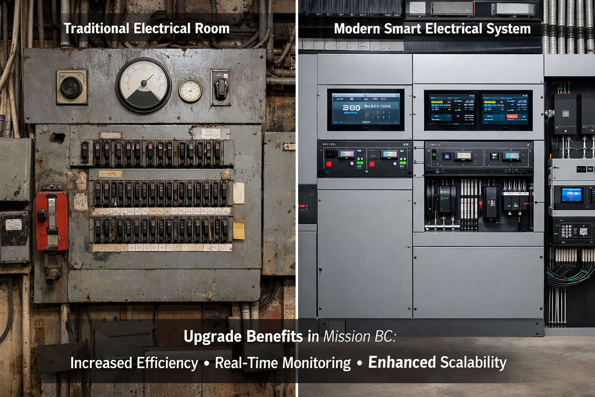 side-by-side comparison photograph showing traditional electrical room versus modern smart electrical system installation. Left side: older panel with manual switches, analog meters, visible wear. Right side: contemporary setup with digital monitoring screens, automated transfer switches, LED status indicators, cable management, labeled circuits, and remote monitoring equipment. Both installations in commercial building settings. Include comparison text overlay highlighting efficiency gains, monitoring capabilities, and scalability. Clean industrial photography with good lighting showing Mission BC commercial electrical upgrade benefits