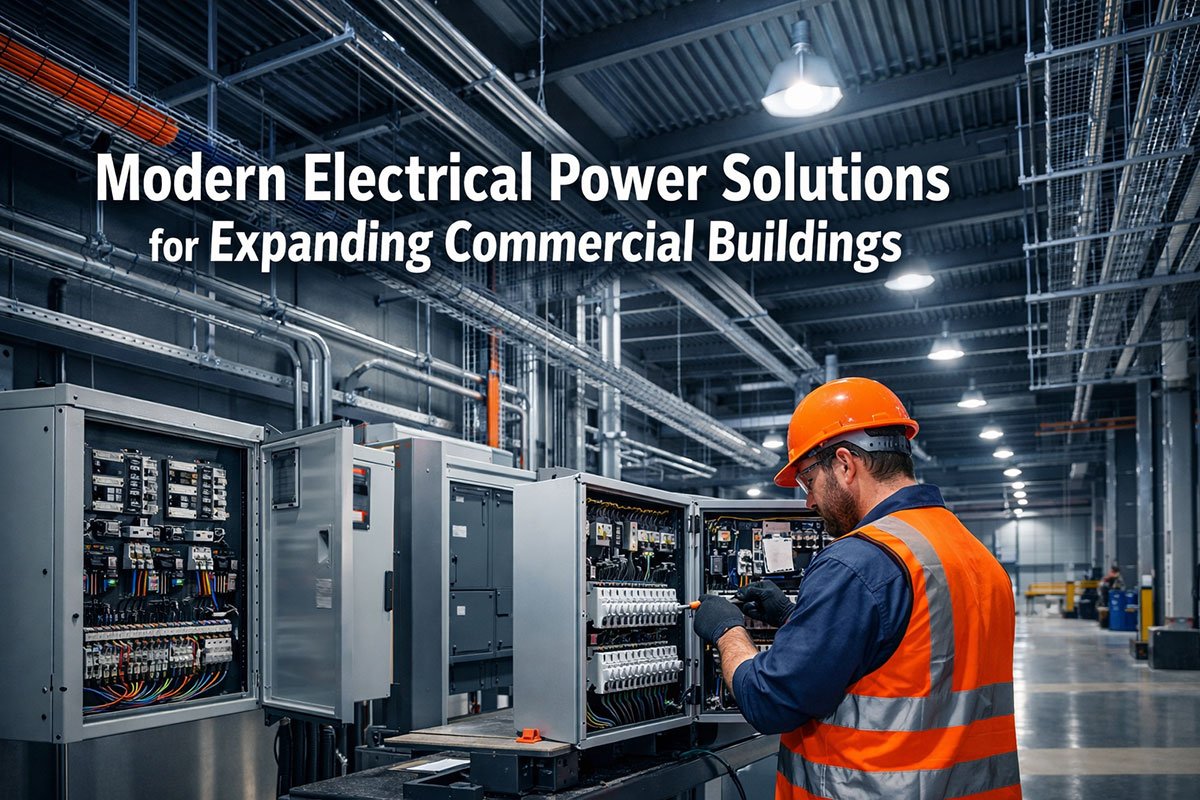 'Modern Electrical Power Solutions for Expanding Commercial Buildings' in extra large 72pt white sans-serif font with dark shadow effect, centered in upper third. Background shows expansive commercial warehouse interior with visible electrical infrastructure including industrial panel boards, conduit systems, LED high-bay lighting, and cable management systems. Modern electrical contractor working on panel installation visible in mid-ground. Color scheme: deep industrial blue, bright safety orange accents, metallic silver tones. High contrast lighting emphasizing electrical equipment. Magazine cover quality, editorial style with professional commercial construction aesthetic relevant to Mission BC commercial power systems