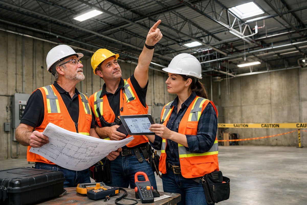 licensed electrical contractor team conducting site assessment in large commercial warehouse space in Mission BC. Team of three reviewing architectural blueprints and electrical plans on tablet, pointing at ceiling infrastructure showing existing conduit runs and proposed expansion areas. Visible elements include high ceilings, concrete floors, existing electrical panels, and expansion zone marked with caution tape. Natural lighting from skylights. Equipment cases and testing tools visible. Documentary-style commercial construction photography showing planning phase of commercial power system installation