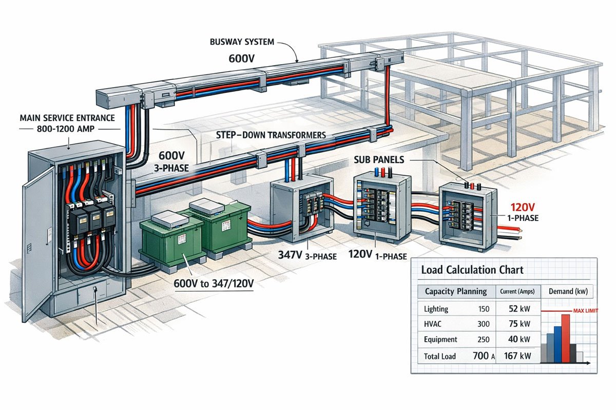 detailed cutaway technical illustration showing three-phase commercial electrical distribution system for expanding building. Visual includes main service entrance panel rated 800-1200 amps, step-down transformers, sub-panels with circuit breakers, busway systems, and color-coded wiring (red, blue, black phases). Annotated labels showing voltage levels (600V, 347V, 120V). Clean technical drawing style with isometric perspective. Background shows partial commercial building framework. Include capacity planning chart overlay showing load calculations. Professional engineering diagram aesthetic for Mission BC commercial power infrastructure
